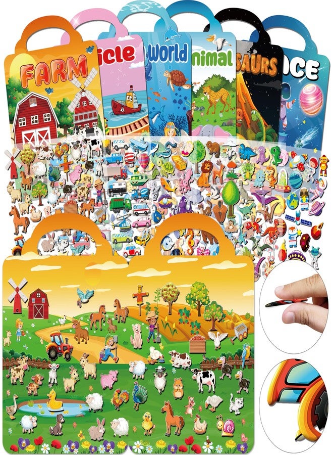 Kalysky 6Set Puffy Sticker Books for Kids 2-4, 3D Reusable Stickers Books for Toddlers 1-3 2-4,Farm+Animal+Dinosaurs+Ocean World+Space+Vehicle - Image 2